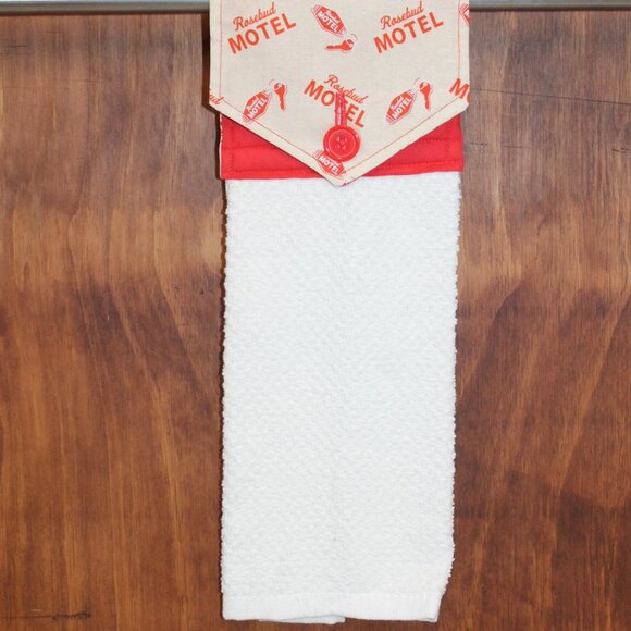 ROSEBUD MOTEL SCHITT'S CREEK HAND TOWEL RED & WHITE HANDMADE HANGING KITCHEN - Picture 2 of 4